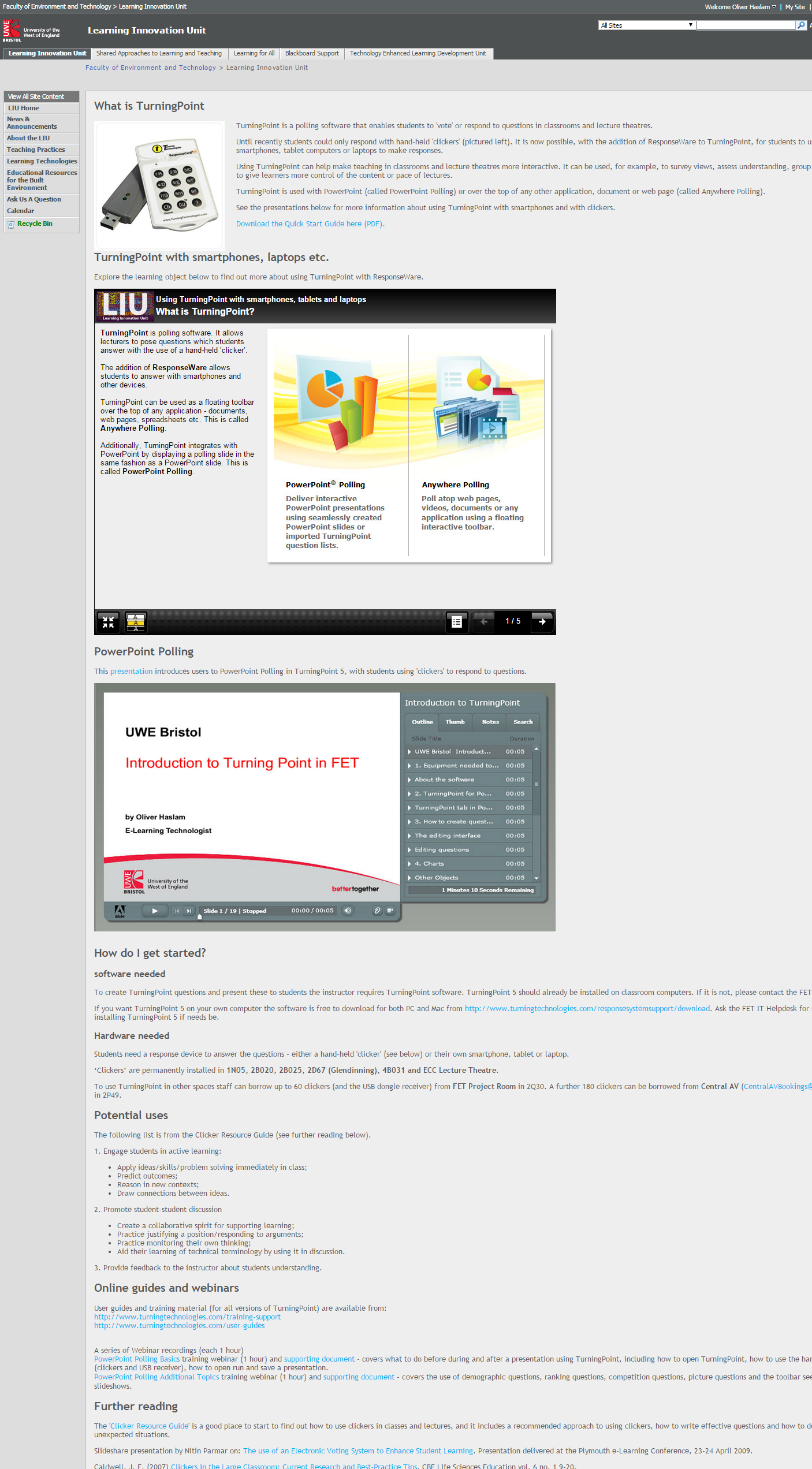 TurningPoint page on LIU Intranet site