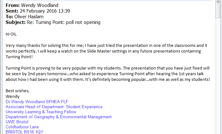 Screenshot of email received thanking me for fixing a problem